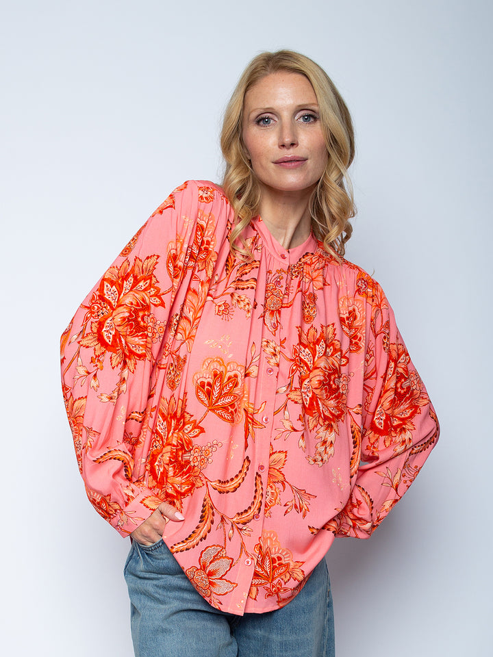 Bluse mit kleinem Stehkragen Coral Pink Flowers