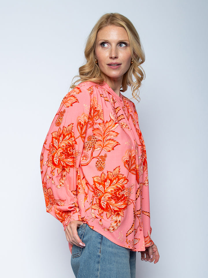 Bluse mit kleinem Stehkragen Coral Pink Flowers