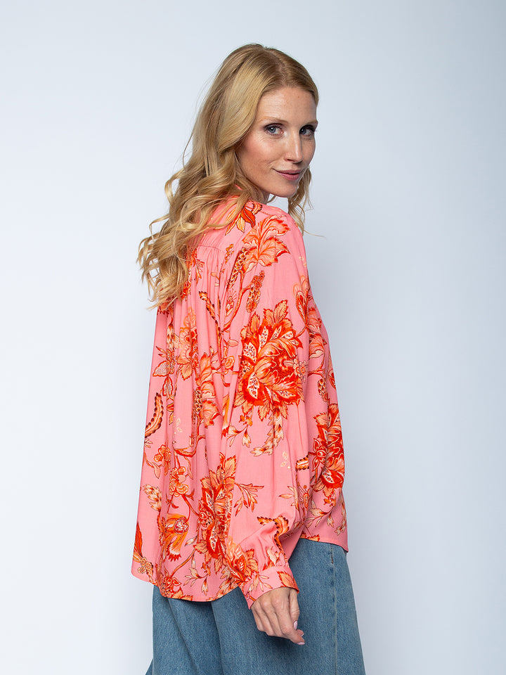 Bluse mit kleinem Stehkragen Coral Pink Flowers