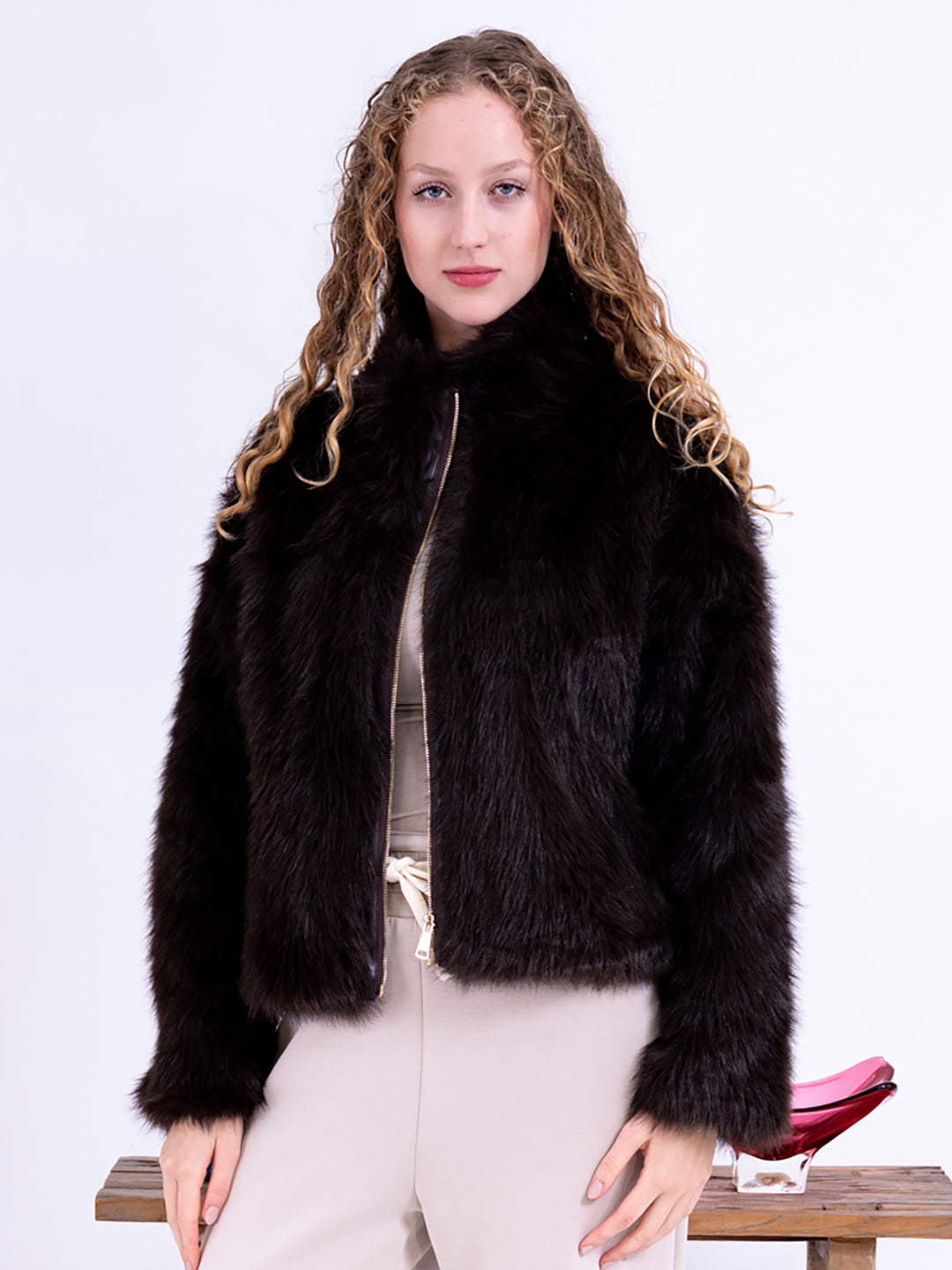 Fake Fur Kurzjacke Felloptik braun