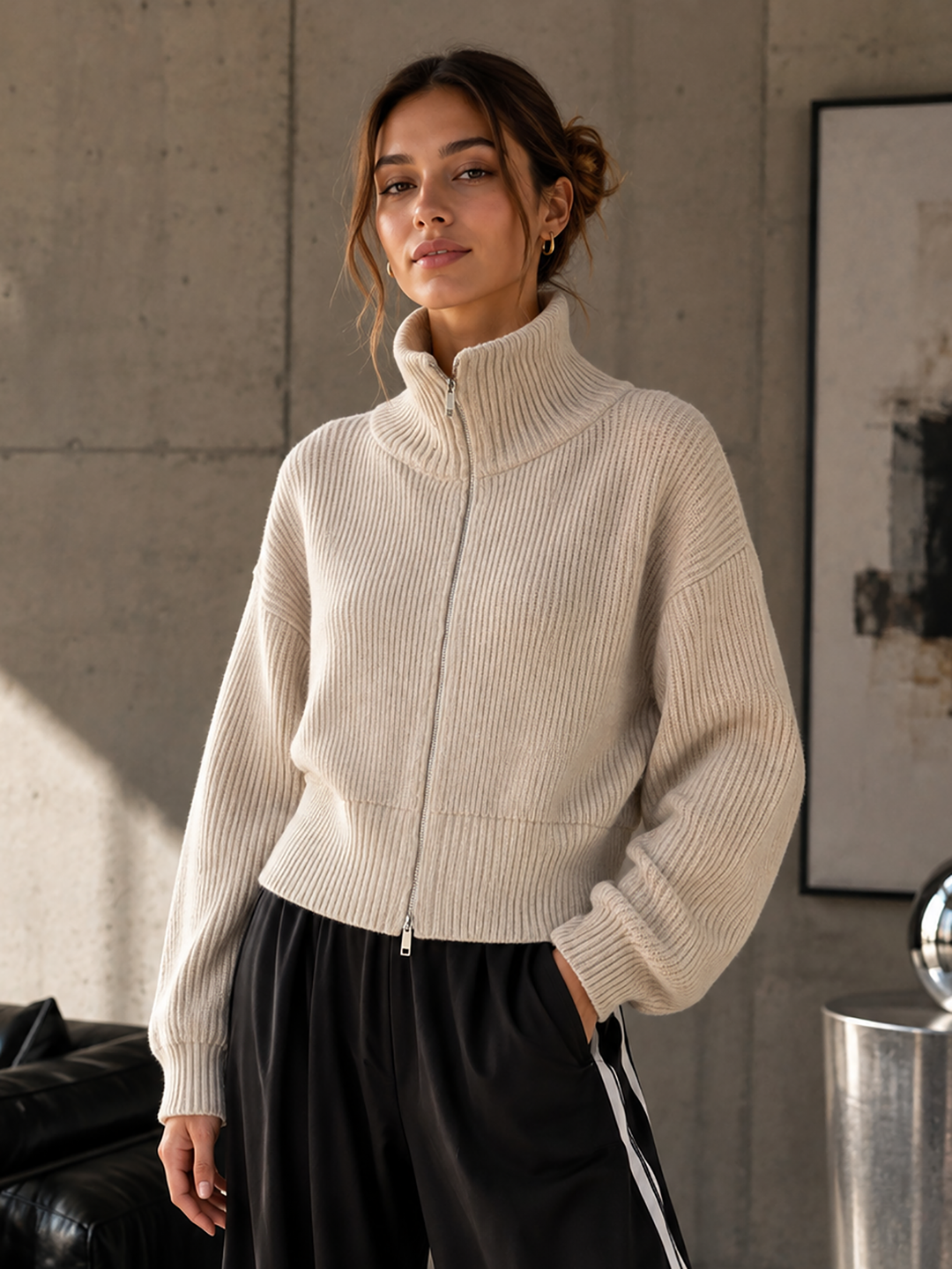 RowCC Zip Knit Cardigan Creme