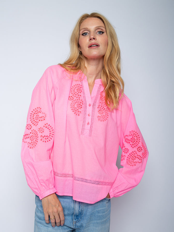 Shirtbluse mit Lochstickerei Neon Pink