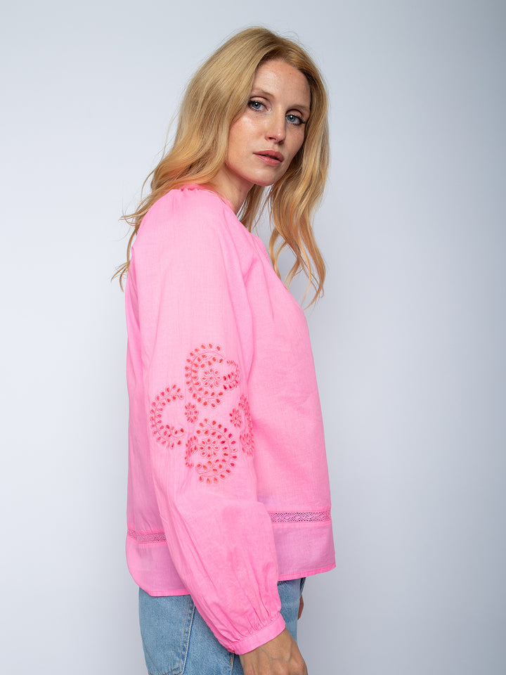 Shirtbluse mit Lochstickerei Neon Pink