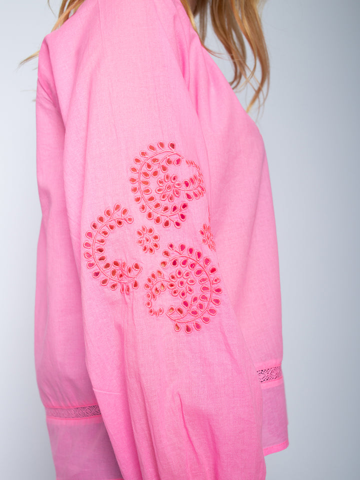 Shirtbluse mit Lochstickerei Neon Pink