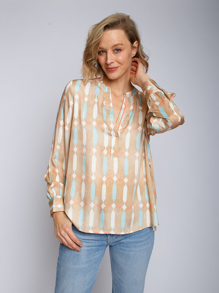 Shirtbluse Sand Blau Geometric