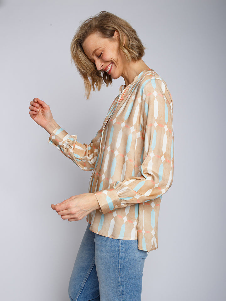 Shirtbluse Sand Blau Geometric
