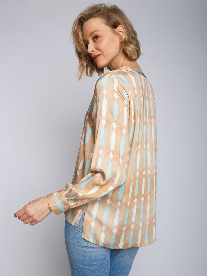 Shirtbluse Sand Blau Geometric