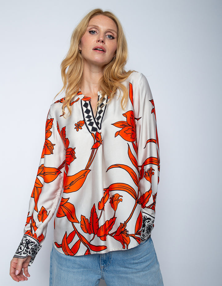 Shirtbluse Orange Black Flowers