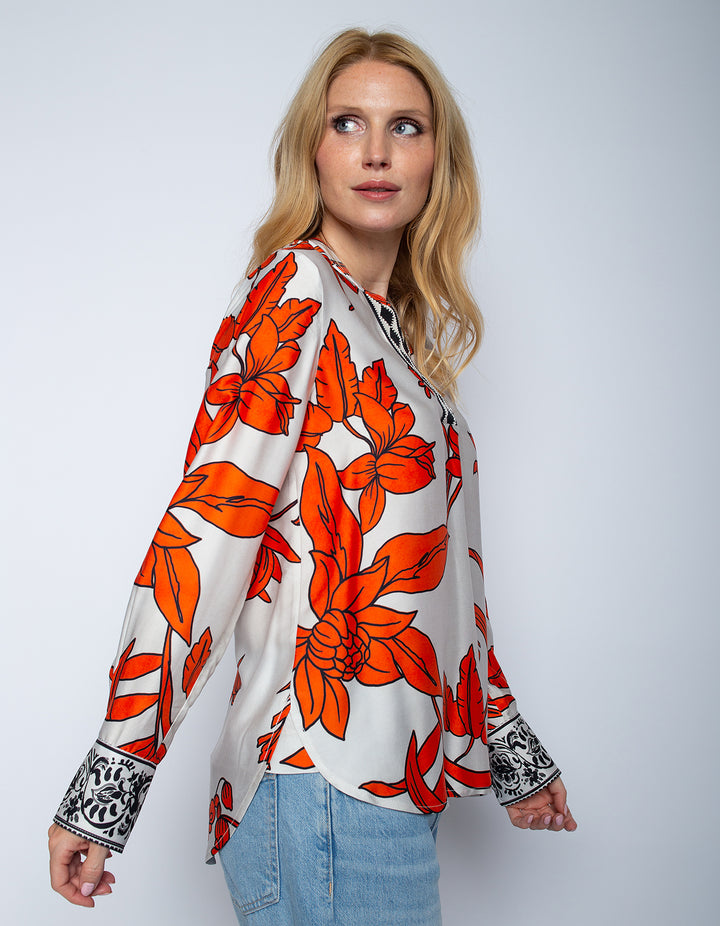 Shirtbluse Orange Black Flowers