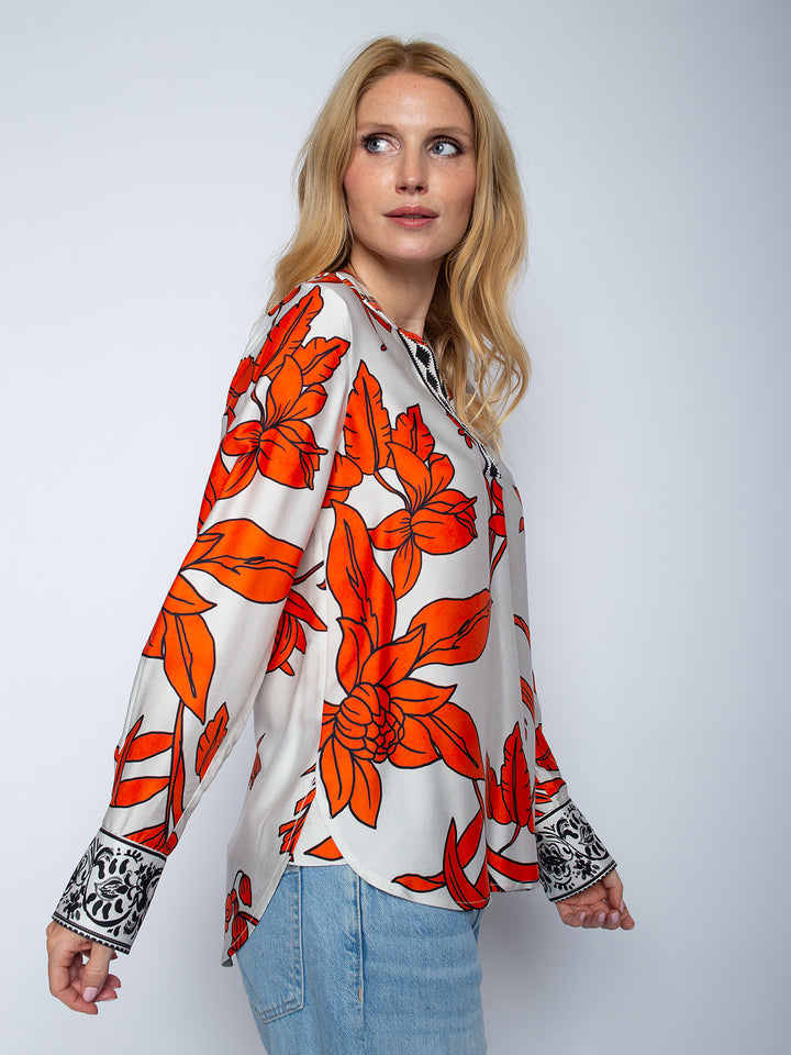 Shirtbluse Orange Black Flowers