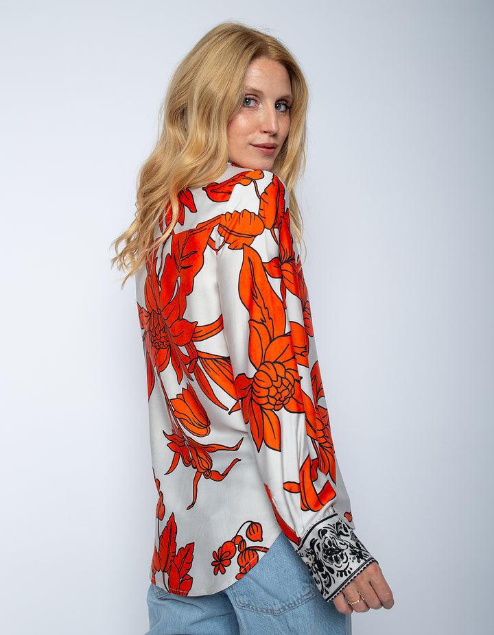 Shirtbluse Orange Black Flowers