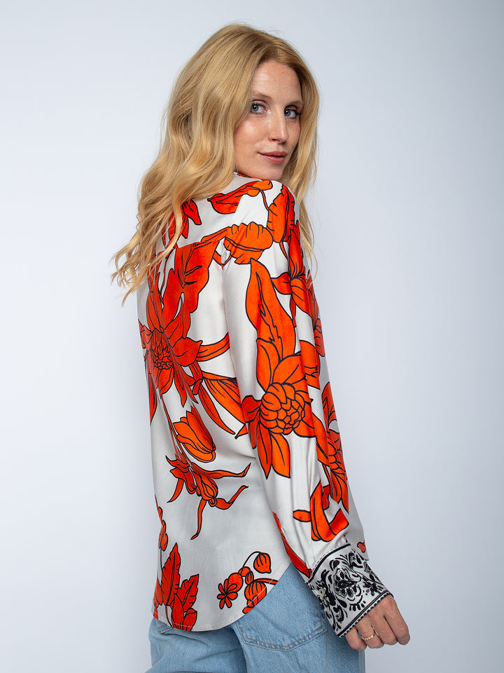 Shirtbluse Orange Black Flowers