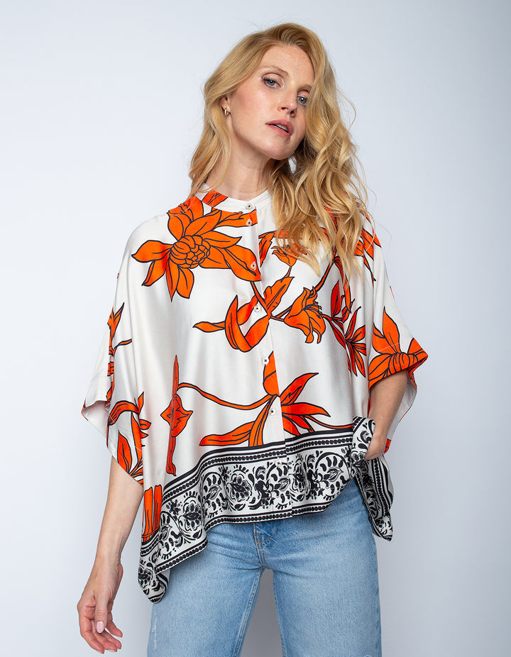 Boxy Bluse Orange Black Flowers