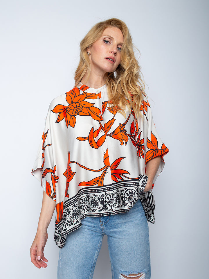 Boxy Bluse Orange Black Flowers