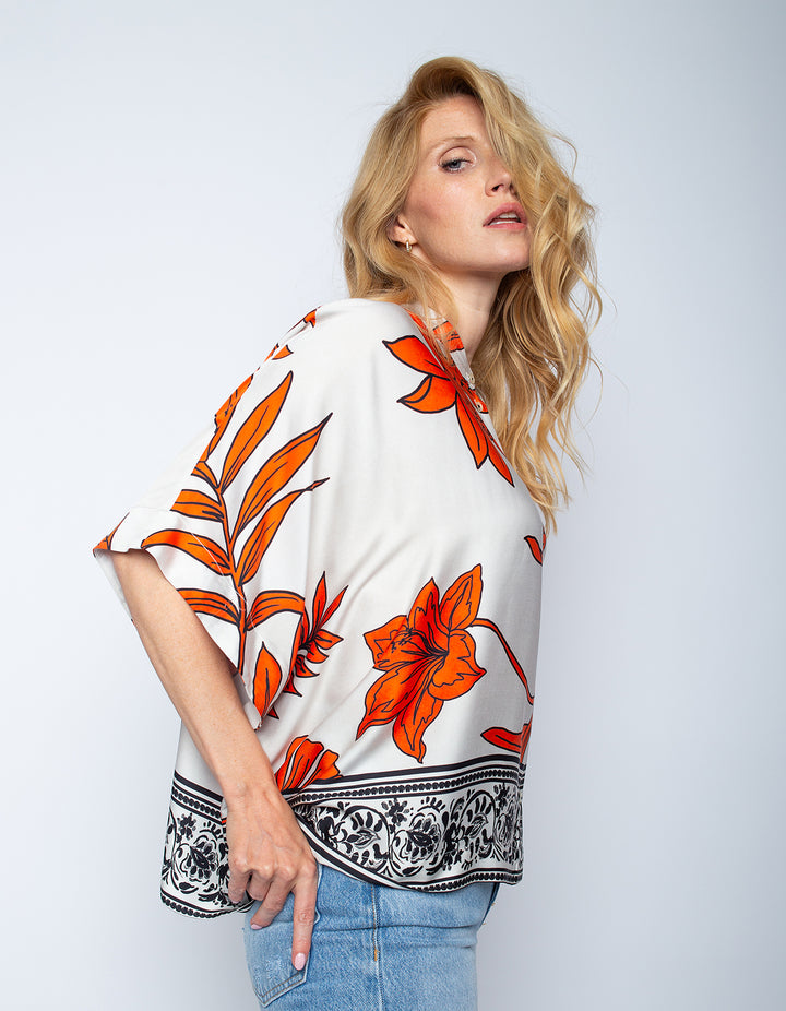 Boxy Bluse Orange Black Flowers