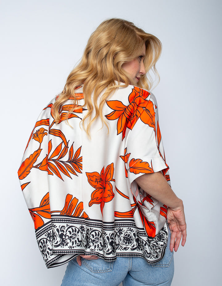 Boxy Bluse Orange Black Flowers