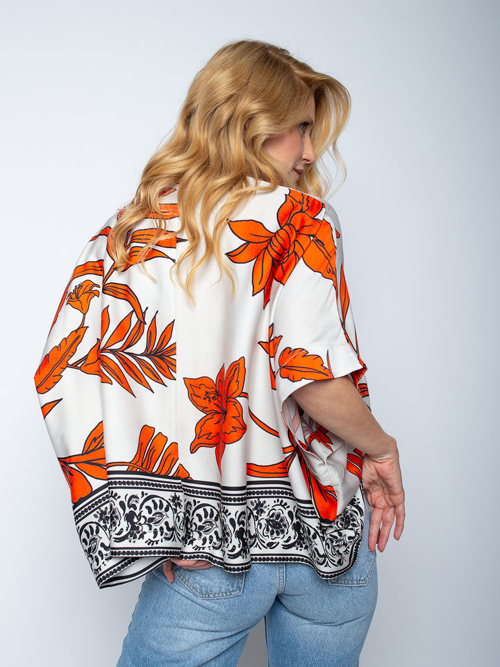Boxy Bluse Orange Black Flowers