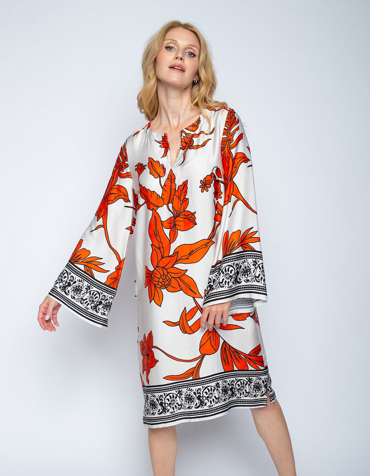 Knielanges Kleid Orange Black Flowers