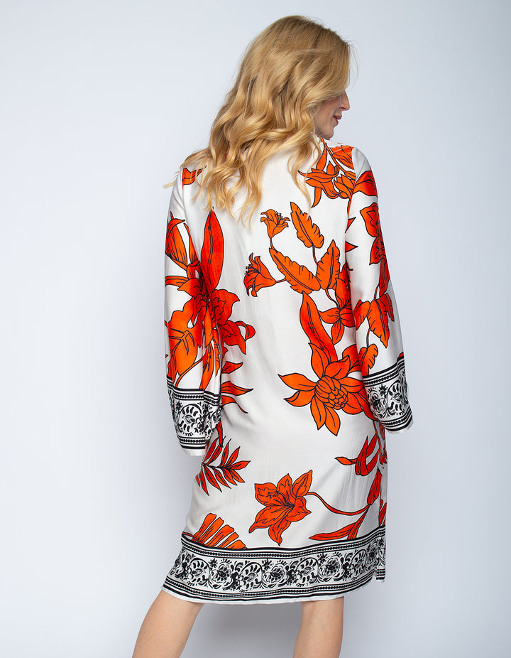 Knielanges Kleid Orange Black Flowers
