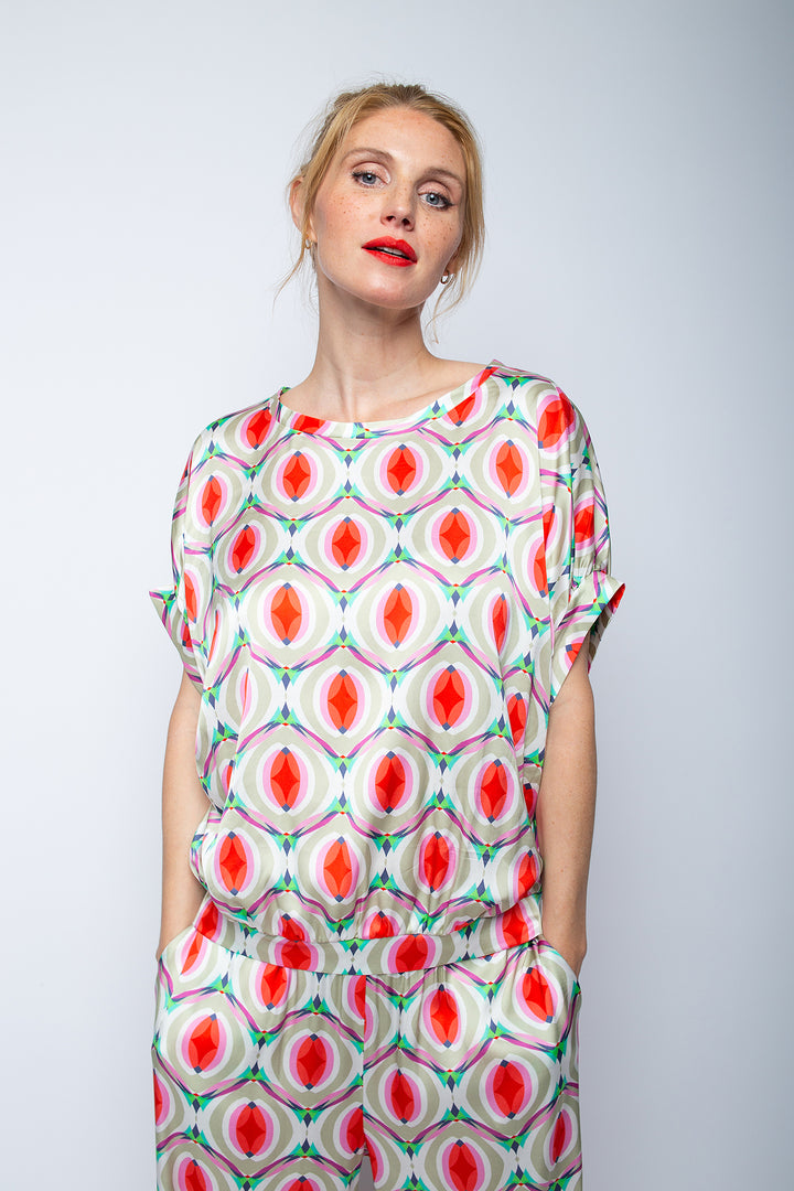 Oversized Blusen Shirt Taupe Multi Geometric