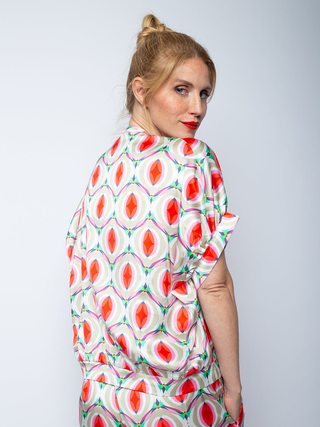 Oversized Blusen Shirt Taupe Multi Geometric