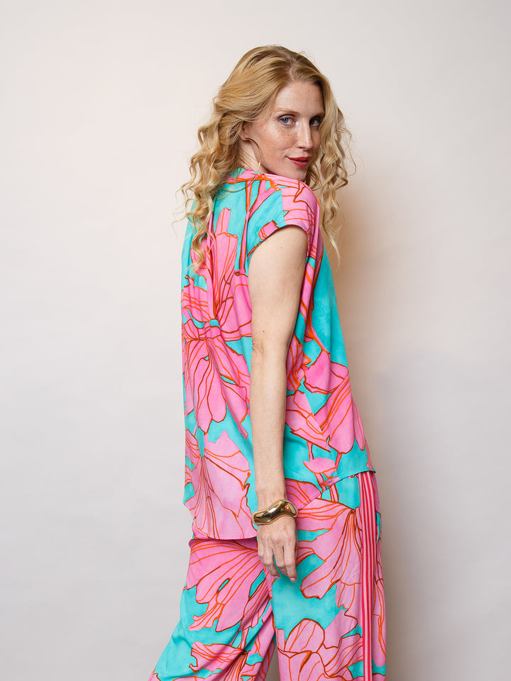 Blusenshirt Aqua Pink Flowers