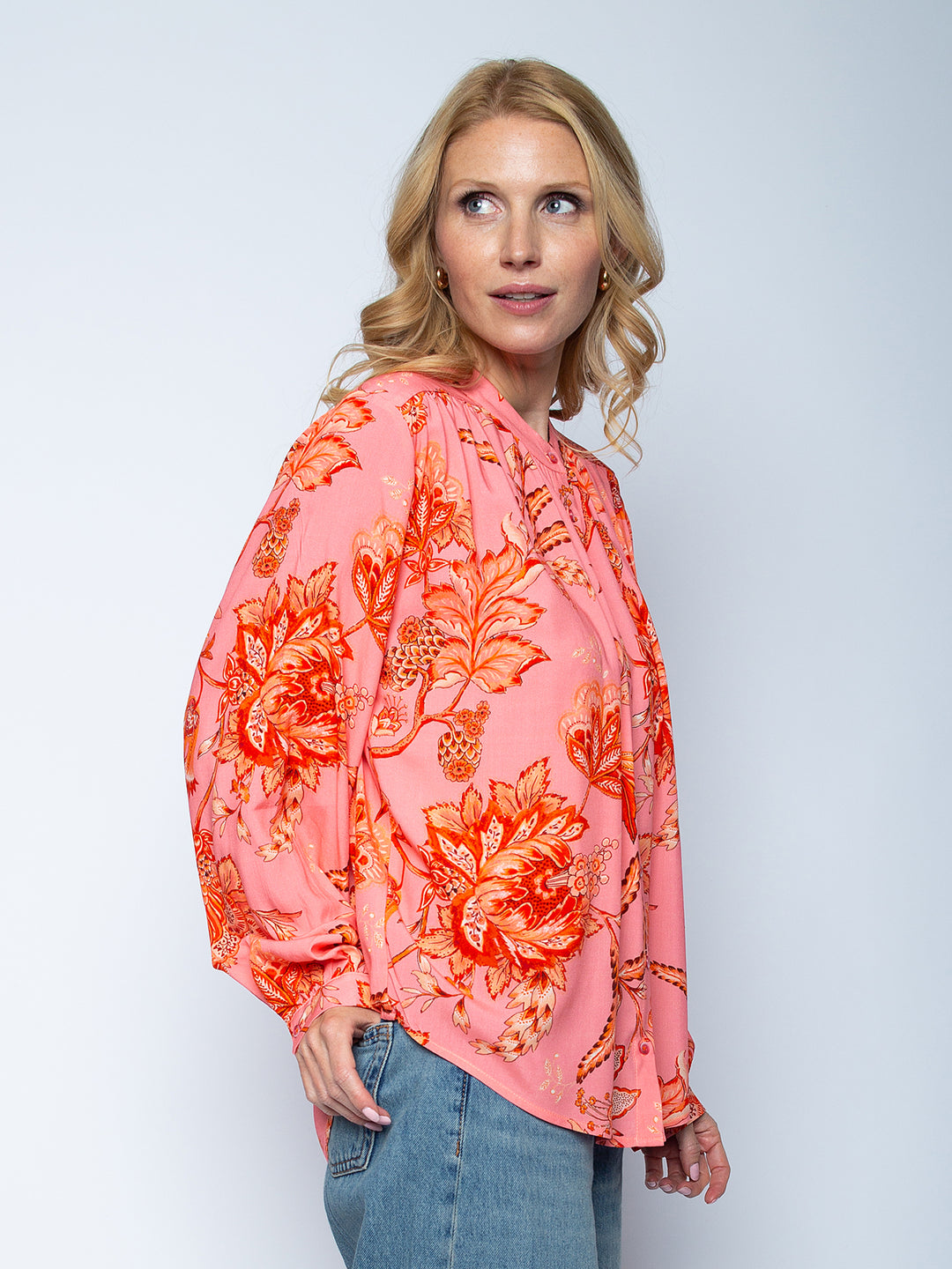 Bluse mit kleinem Stehkragen Coral Pink Flowers