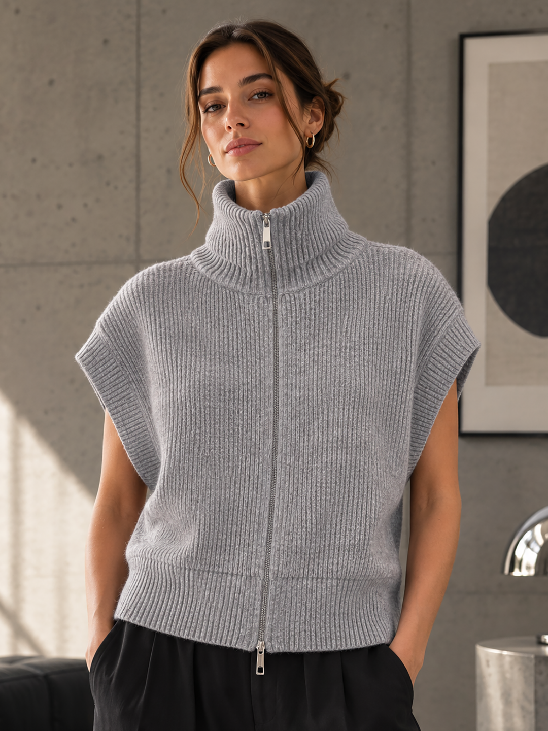 RowCC Zip Knit Vest Grey Melange