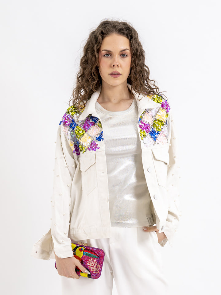 Jeansjacke Paillette Weiß