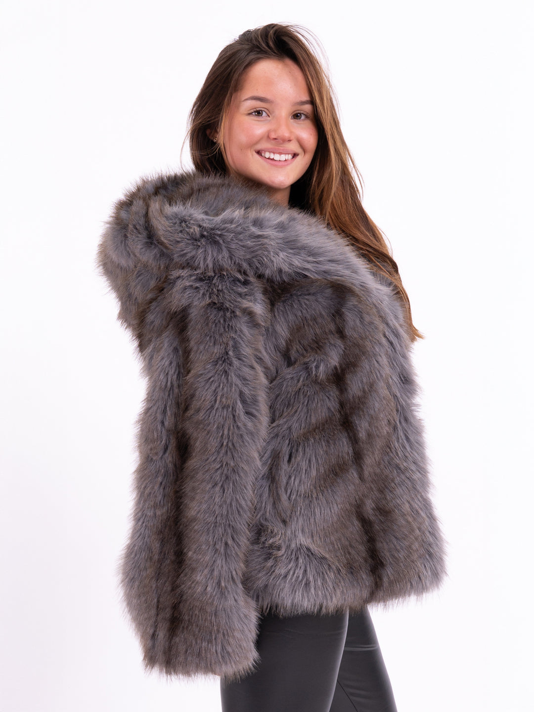 Kunstefelljacke Kapuze Grau