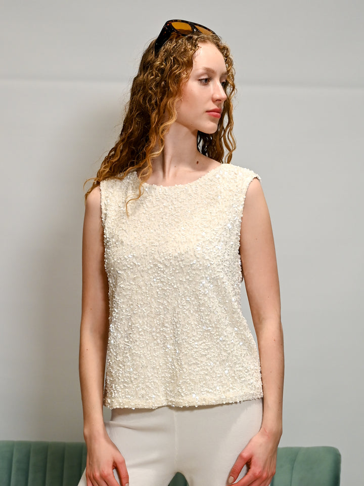 Paillettenshirt Schnürung Creme