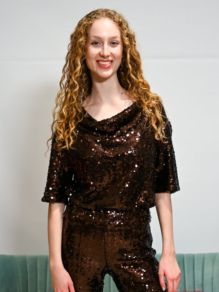 Paillettenshirt Wasserfall Halbarm Braun