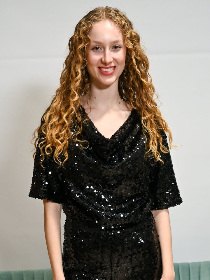 Paillettenshirt Wasserfall Halbarm Schwarz