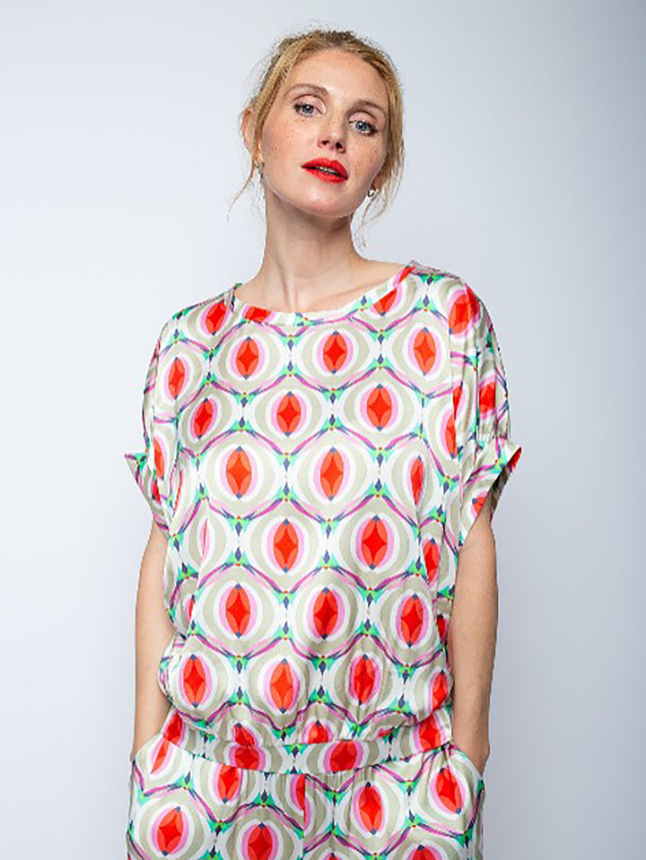 Oversized Blusen Shirt Taupe Multi Geometric