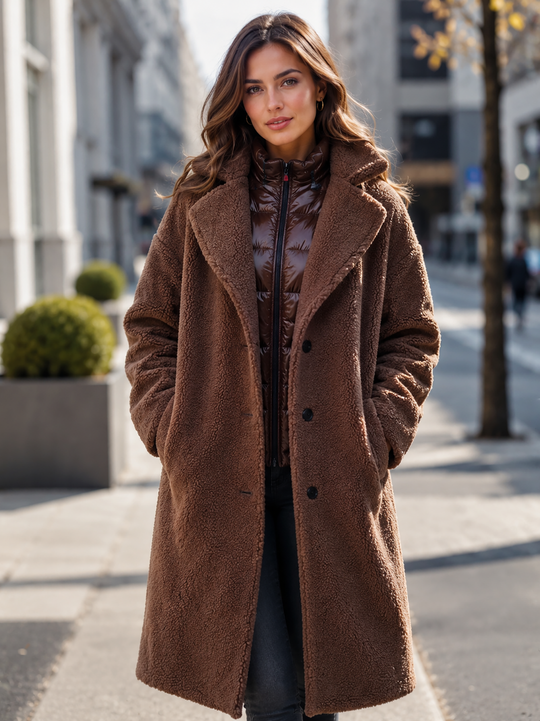 Fake Fur Mantel mit Innenjacke Mocha