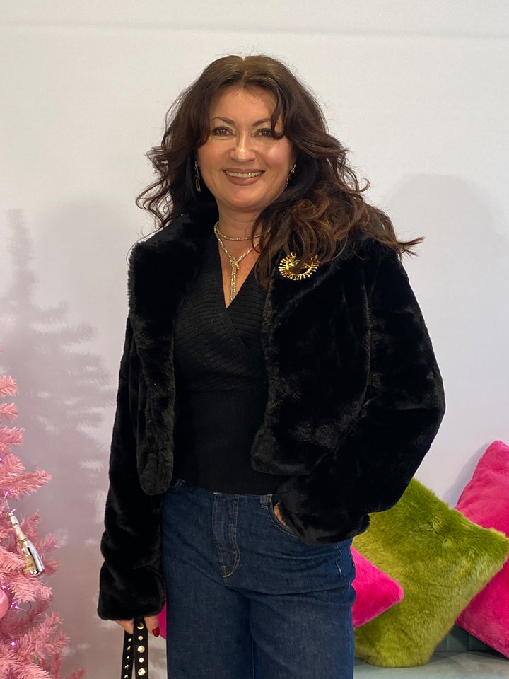 Kurze Kunstfelljacke Schwarz