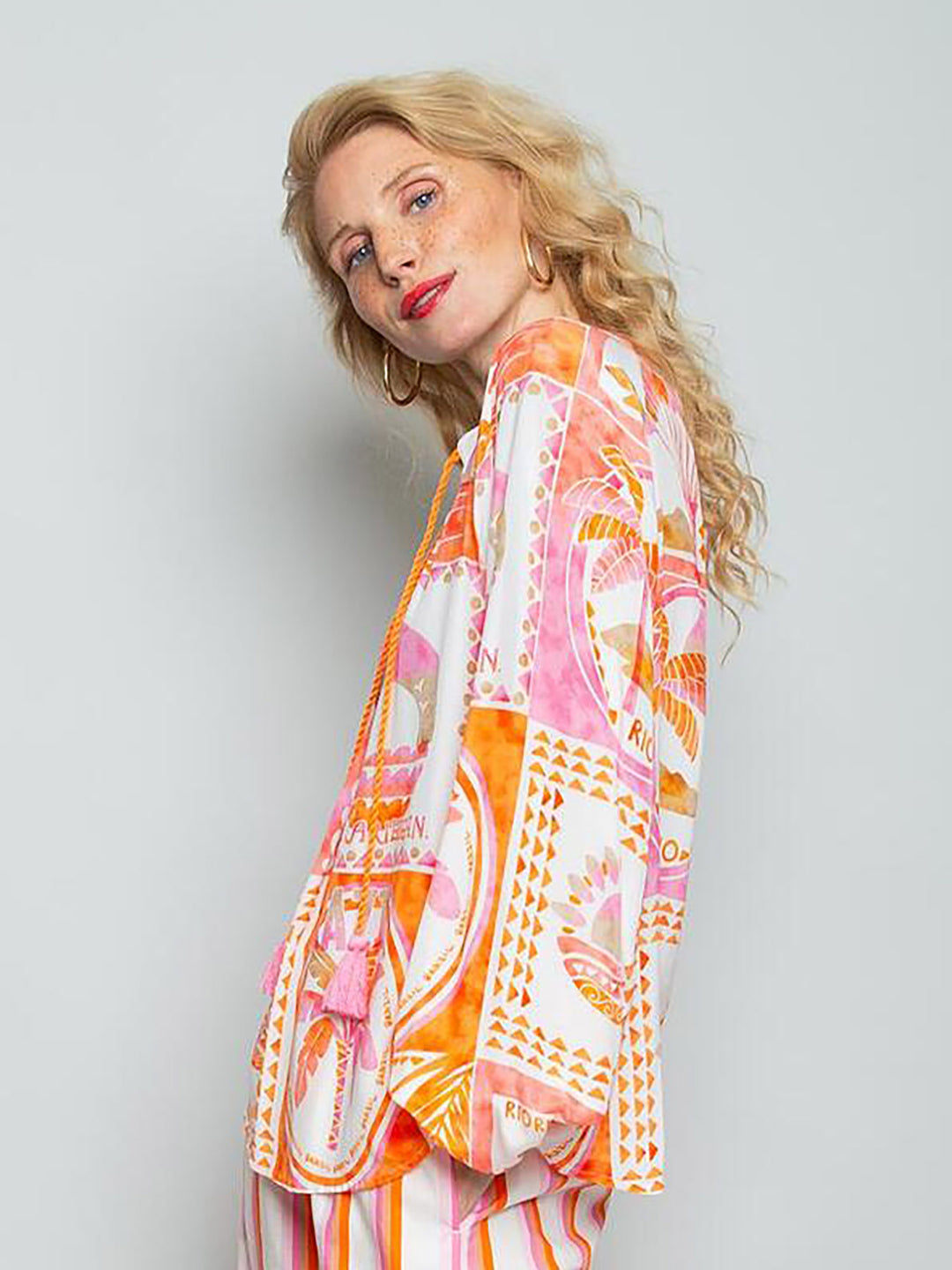 Schlupfbluse V-Ausschnitt Orange Pink Beach
