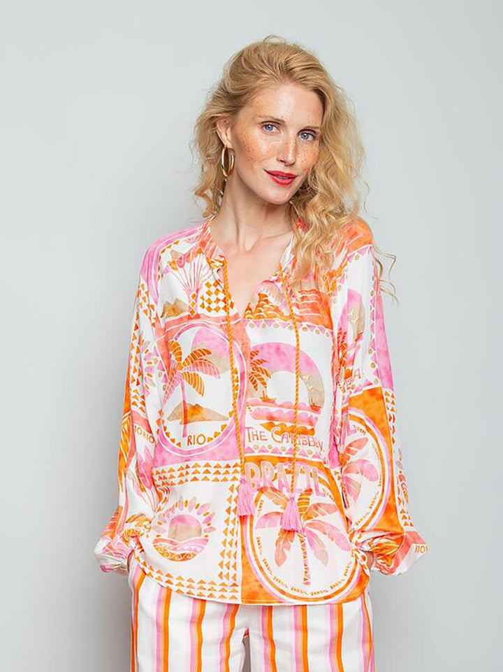 Schlupfbluse V-Ausschnitt Orange Pink Beach